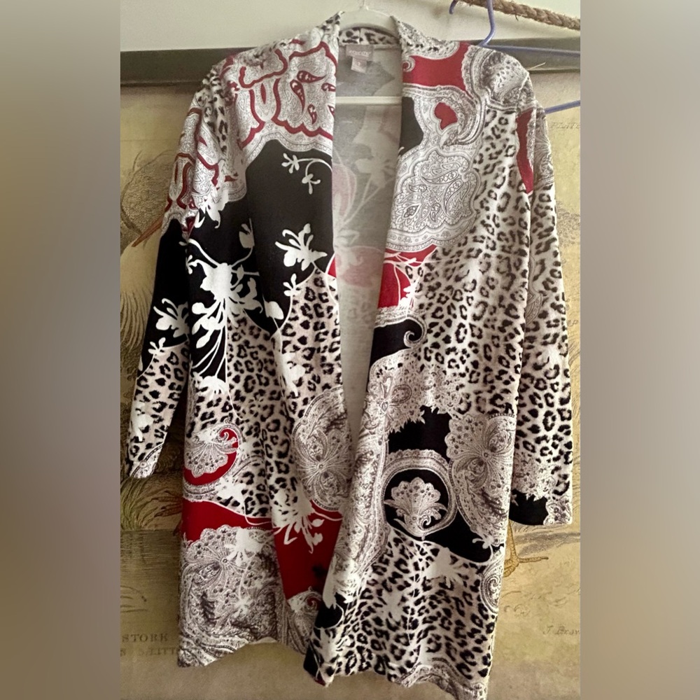 * Chico’s Boho Multi Print Open Long Cardigan Sweater SZ 1 = Medium *